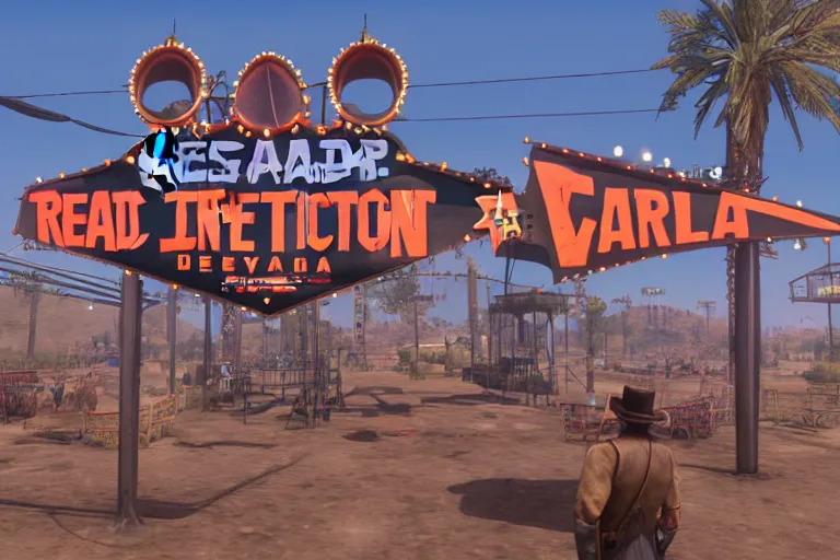 Image similar to 3d sculpt of an arched sign for a circus called 'the dark metal carnival', red dead redemption2, las vegas, artstaton, digital illustration