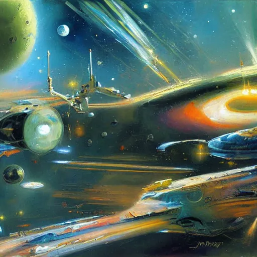 Image similar to space background warp, concept art oil painting, loosely detailed, brush hard by john berkey