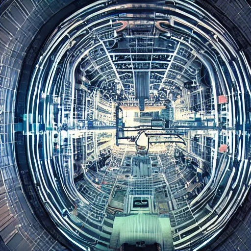 Prompt: photo of an inside nuclear power plant at night birdseye view inception cinematic