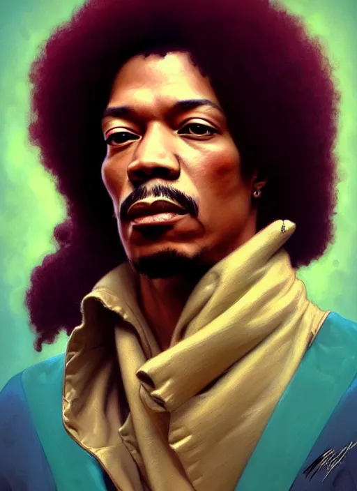 Prompt: portrait of jimmy hendrix, intricate, elegant, highly detailed, digital painting, artstation, concept art, smooth, sharp focus, illustration, art by artgerm, greg rutkowski, alphonse mucha, uang guangjian, gil elvgren, sachin teng, symmetry!!