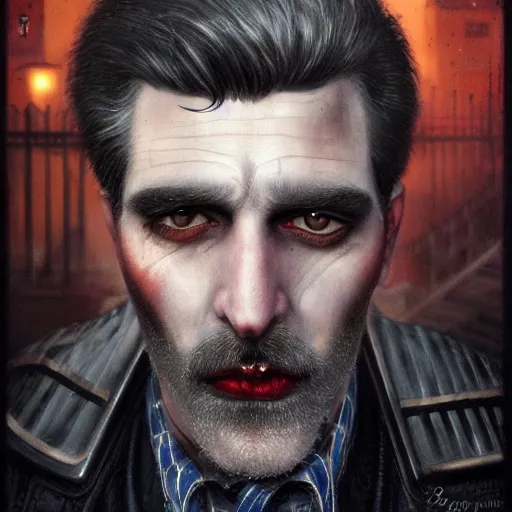 Prompt: portrait of a greying pale vampire police officer with short hair and a patchy beard, close up, grimy streets in the backdrop, highly detailed, sharp focus, art by tom bagshaw and manuel sanjulian