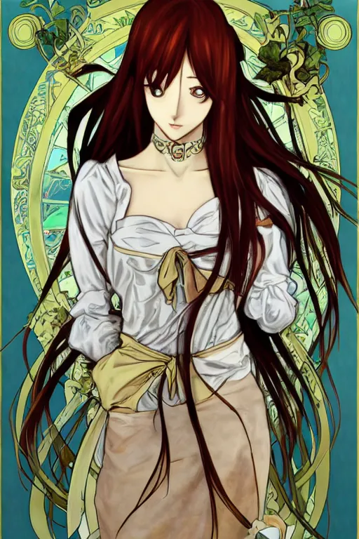 Image similar to Smiling Kurisu Makise tonemapped in the style of Ayami Kojima and Alphonse Mucha