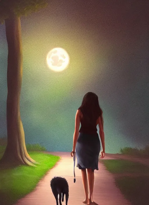 Image similar to young beautiful brown woman walking with her dog in a park at night with a full moon, illustration, photoreal, fantasy, trending. masterpiece work of art . oil on canvas. Digitally painted. Realistic. 3D. 8k. UHD.