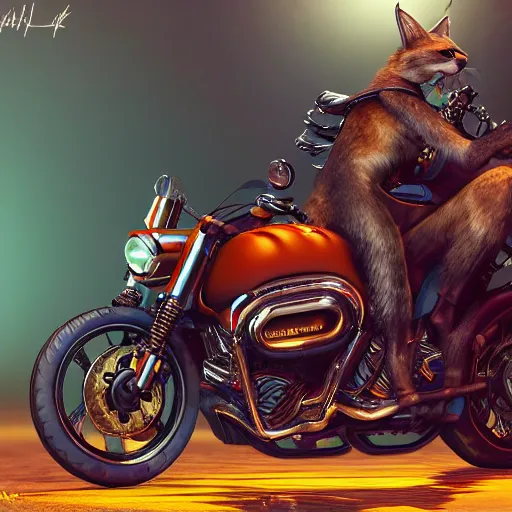 Image similar to cute caracal riding a harley davidson motorcycle, hyper detailed, digital art, trending in artstation, cinematic lighting, studio quality, smooth render, unreal engine 5 rendered, octane rendered