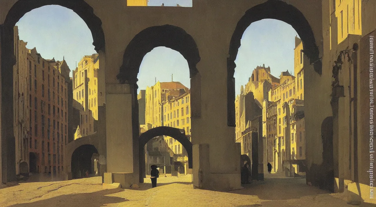 Prompt: a high contrast! painting of a flooded ancient street empty arch by rene magritte carl spitzweg edward hopper, full - length view, vibrant, symmetry, great composition, high detail, cinematic lighting, masterpiece