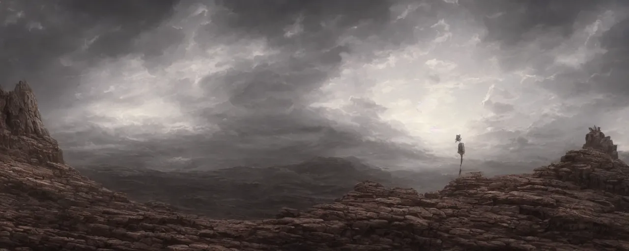 Image similar to spooky face in the clouds over a barren rocky landscape, [ cinematic, detailed, epic, widescreen, opening, establishing, mattepainting, photorealistic, 4 k, octane render, art by greg rutkowski ]