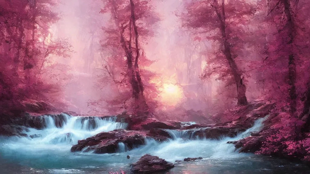 Image similar to the most beautiful abstract painting, where a giant dreamy waterfall creates a river, the trees around are starting to bloom in pink color, a ray light of the sunset is brightening the subject, by greg rutkowski