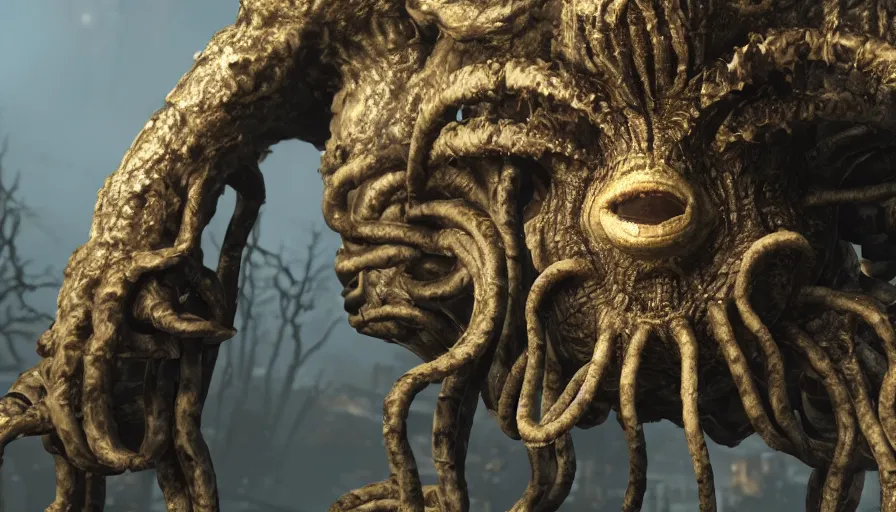 Image similar to closeup fallout 4 character screenshot of a humanoid kraken, enb, ambient occlusion, subsurface scattering, solo, 4 k, bokeh, beautiful, detailed