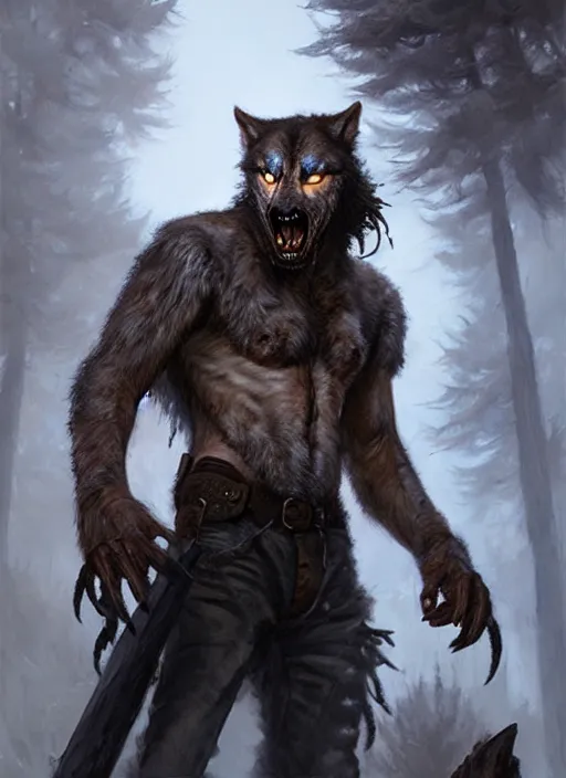 Image similar to rugged werewolf, dnd, fantasy oil _ painting _ unreal _ 5 _ daz. _ rpg _ extremely _ detailed _ artgerm _ greg rutkowski