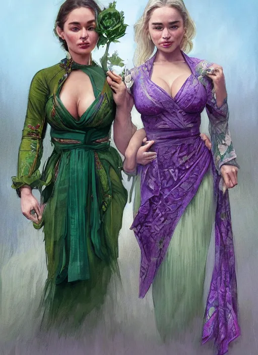 Image similar to lindsey pelas and emilia clarke wearing a green kebaya with purple sash, digital painting, artstation, concept art, sharp focus, illustration, art by artgerm and greg rutkowski and alphonse mucha