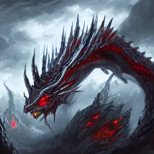 Image similar to a huge white terrifying dragon with red eyes, fantasy concept art, intricate detail