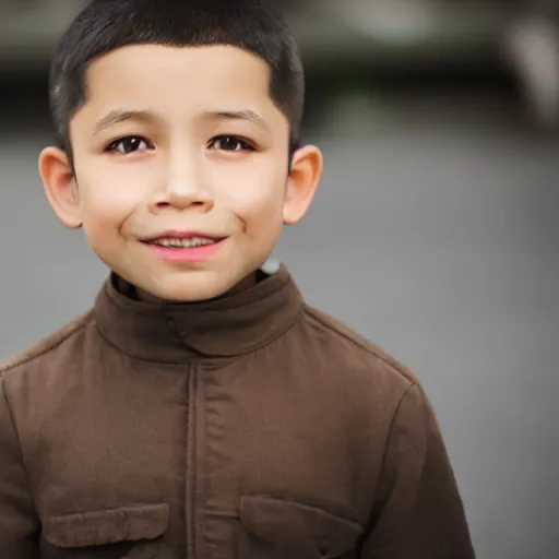 Image similar to cinematic still light skin french - vietnamese 6 year old boy in star wars, slight underbite, heart shaped face, round cheeks, crew cut hair