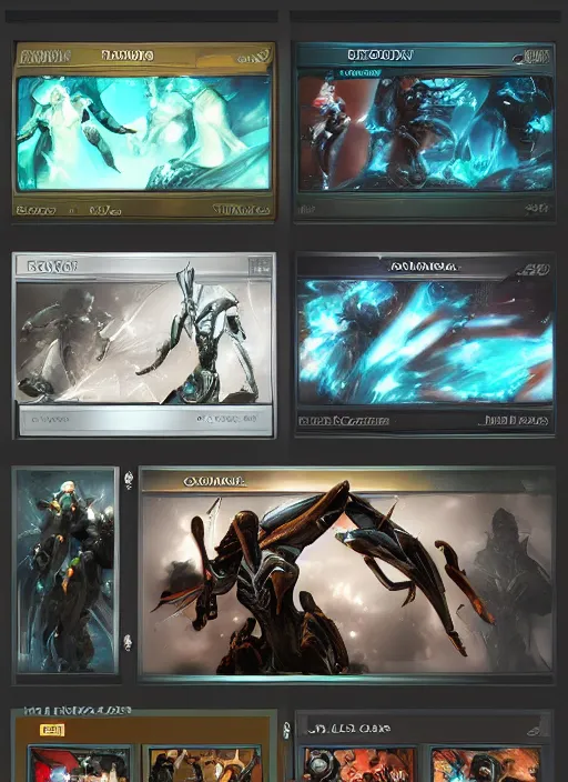 Prompt: warframe with trading card ui and ornate border frame, art station