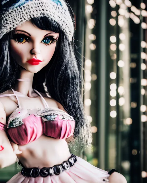 Image similar to high quality presentation photo of a beautiful dollpunk woman, photography 4k, f1.8 anamorphic, bokeh, 4k, Canon, Nikon