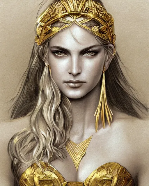 Image similar to front view of beautiful aphrodite greek goddess wearing a gold laurel wreath and triangle earrings, realism tattoo sketch, beautiful piercing eyes with sharp pupils, beautiful blonde hair, in the style of greg rutkowski, fantasy, amazing detail, epic, elegant, smooth, sharp focus