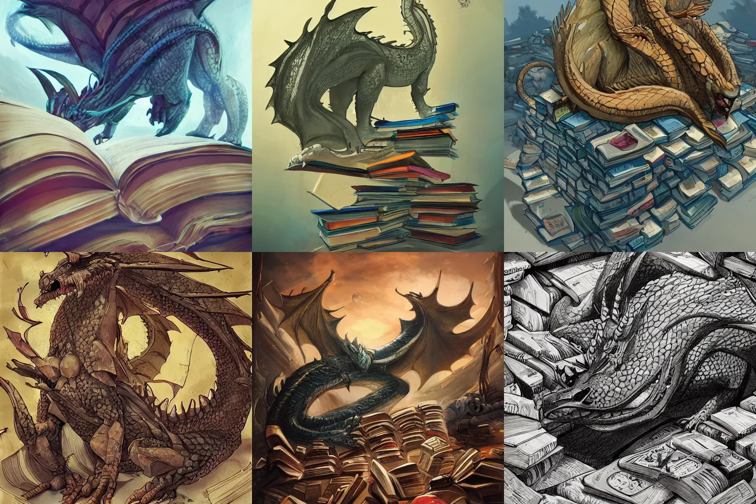 Prompt: A huge dragon sleeping on a hoard of books, by Randy Vargas. High angle. low light. Trending on Artstation. HQ