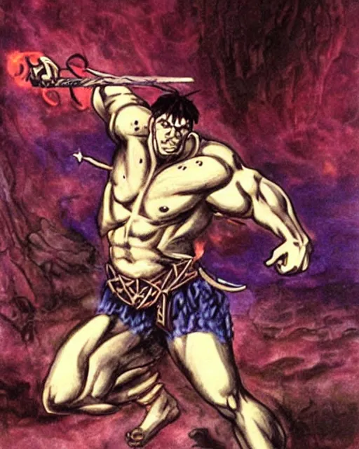 Image similar to cu chulainn, cuhullin, irish legendary warrior, and his ability to achieve warp spasm : muscular transformation with inhuman rage.