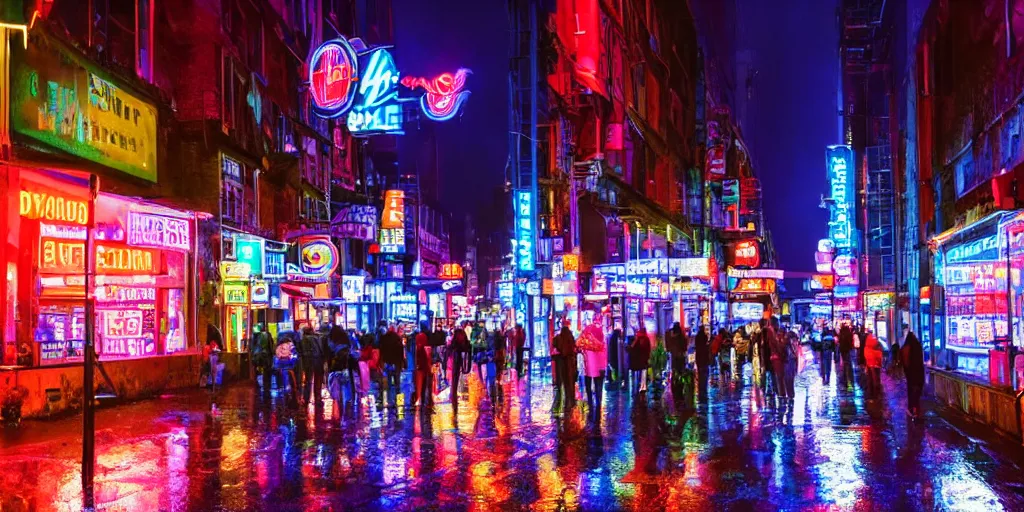 Image similar to A rainy street lit up by neon signs in the city