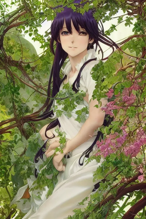 Prompt: anime key visual of a beautiful young catgirl!! in white silk clothing covered in vibrant green vines, intricate, magical forest, stunning, highly detailed, digital painting, artstation, smooth, hard focus, illustration, art by artgerm and greg rutkowski and alphonse mucha