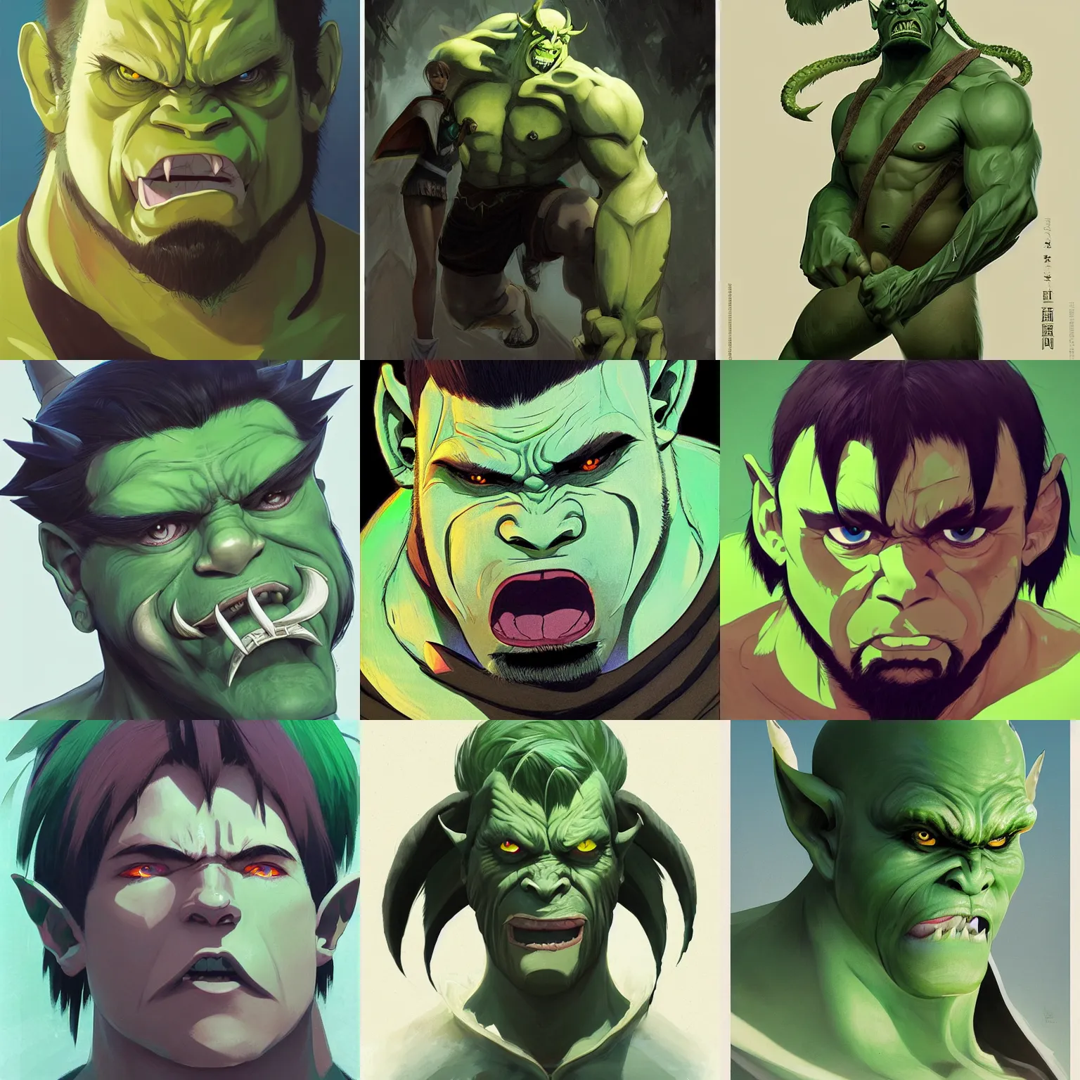 Prompt: male orc with large tusks and green hued skin | | very anime, fine - face, pretty face, realistic shaded perfect face, fine details. cape and hood. anime. realistic shaded lighting poster by ilya kuvshinov, katsuhiro otomo, greg rutkowski, magali villeneuve, artgerm, jeremy lipkin and michael garmash and rob rey