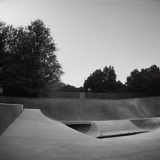 Image similar to a 1 9 9 0's photograph of a skatepark in a small town at dusk, polaroid, candid photography