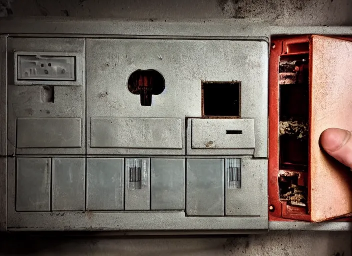 Image similar to scary half human half ape inside fuse box in post communist apartment building