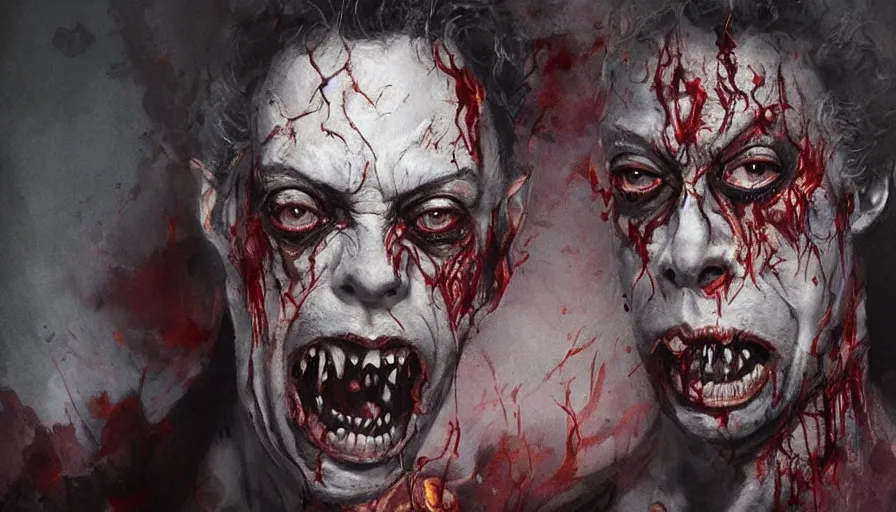 Prompt: A beautiful painting of tim curry as a zombie by greg rutkowski and Kalin Popov , Trending on artstation HD.