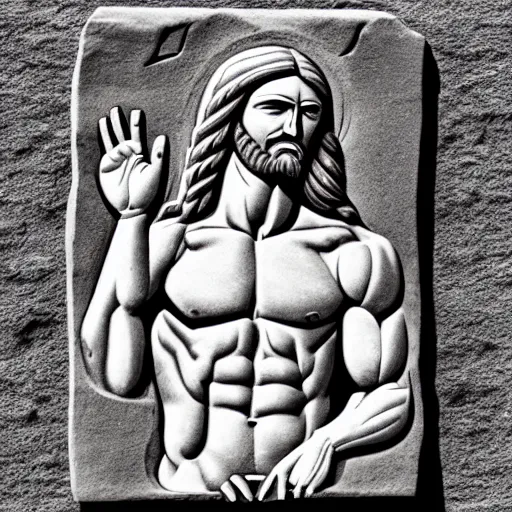 Prompt: muscular gigachad benediction, gigachad jesus, fingers pointing to heaven, stone relief, holy iconography, grayscale