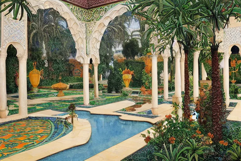 Image similar to painting of a beautiful moorish palace courtyard garden, by jan schmuckal and maxfield parrish and evelyn de morgan and waterhouse and dante rossetti, patterned tilework, palm trees, tiled fountains, sun and shade, extremely detailed, dramatic cinematic lighting, smooth sharp focus, featured on artstation