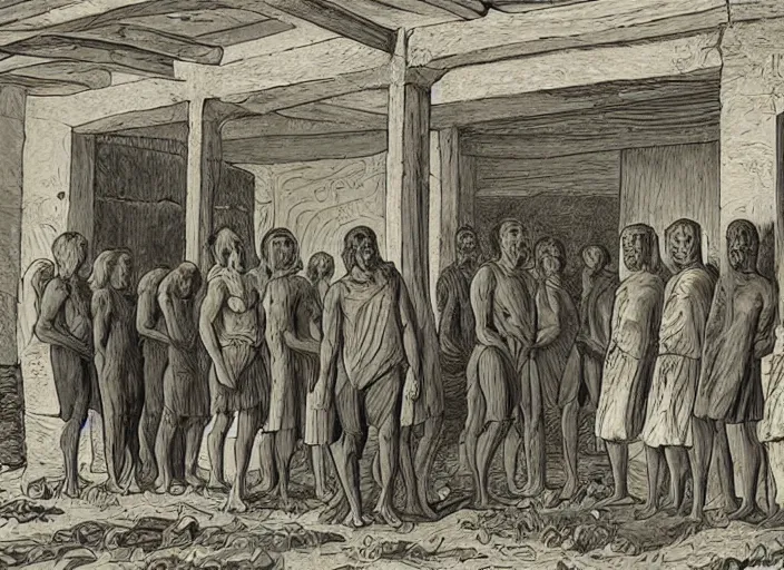 Image similar to photo of a queue of many cultists in a barn in front of a sacrificial altar with the head cultist hilding a ceremony knife in the center