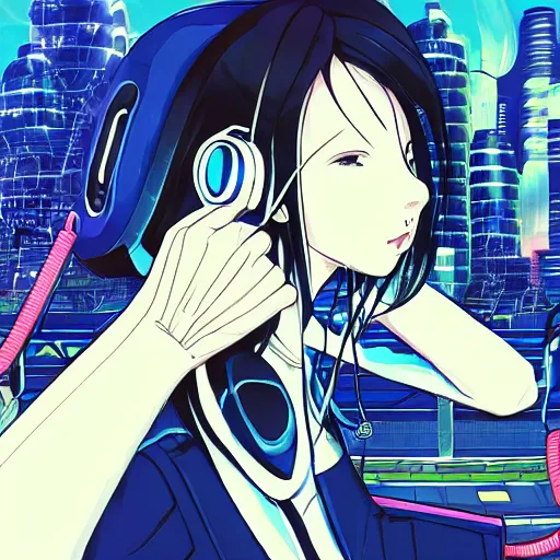 Image similar to Frequency indie album cover, luxury advertisement, blue filter, blue and black colors. Clean and detailed post-cyberpunk sci-fi close-up schoolgirl in asian city in style of cytus and deemo, blue flame, relaxing, calm and mysterious vibes, by Tsutomu Nihei, by Yoshitoshi ABe, by Ilya Kuvshinov, by Greg Tocchini, nier:automata, set in half-life 2, Matrix, GITS, Blade Runner, Neotokyo Source, Syndicate(2012), dynamic composition, beautiful with eerie vibes, very inspirational, very stylish, with gradients, surrealistic, dystopia, postapocalyptic vibes, depth of field, mist, rich cinematic atmosphere, perfect digital art, mystical journey in strange world, beautiful dramatic dark moody tones and studio lighting, shadows, bastion game, arthouse