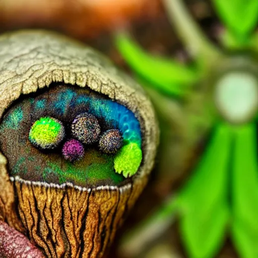 Prompt: macro photo with a fantasy Microfungi character with cute eyes and mycelium, painted patterns and coloring on mushrooms, 8K, highly detailed