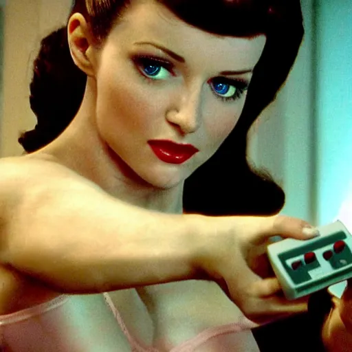 Image similar to a still of a beautiful pin up playing with a NES controller, in the movie Minority Report (2002), highly detailed and intricate, cinematic lighting, 4k HDR