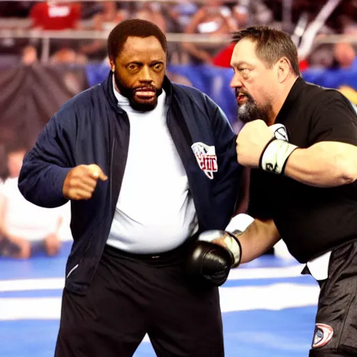 Prompt: Coach Belichick fighting coach Tomlin in a mixed martial arts championship match