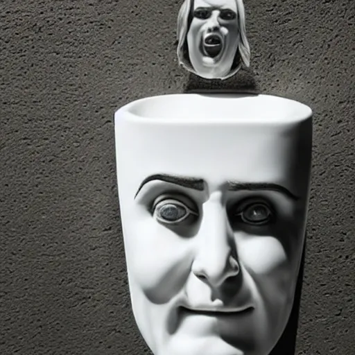 Prompt: photo of a porcelain urinal in the shape of jared leto's head with an open mouth