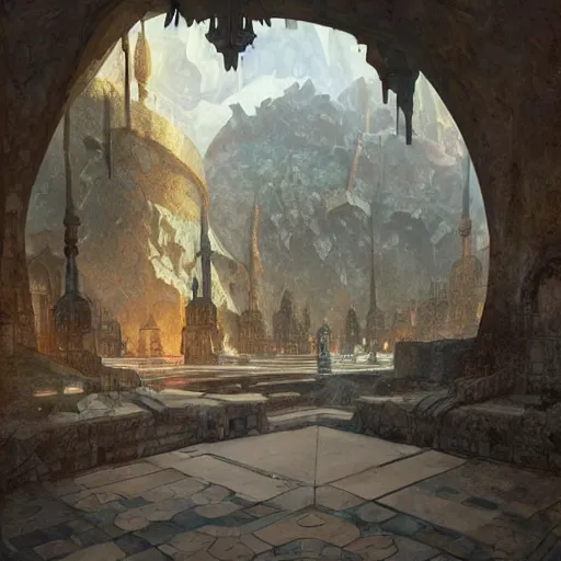 Prompt: A wide open courtyard in a beautiful dwarven city made of marble, underground cave, deep inside the mountain, lustrous minerals, a fantasy digital painting, artstation, concept art, sharp focus, illustration, art by greg rutkowski and alphonse mucha