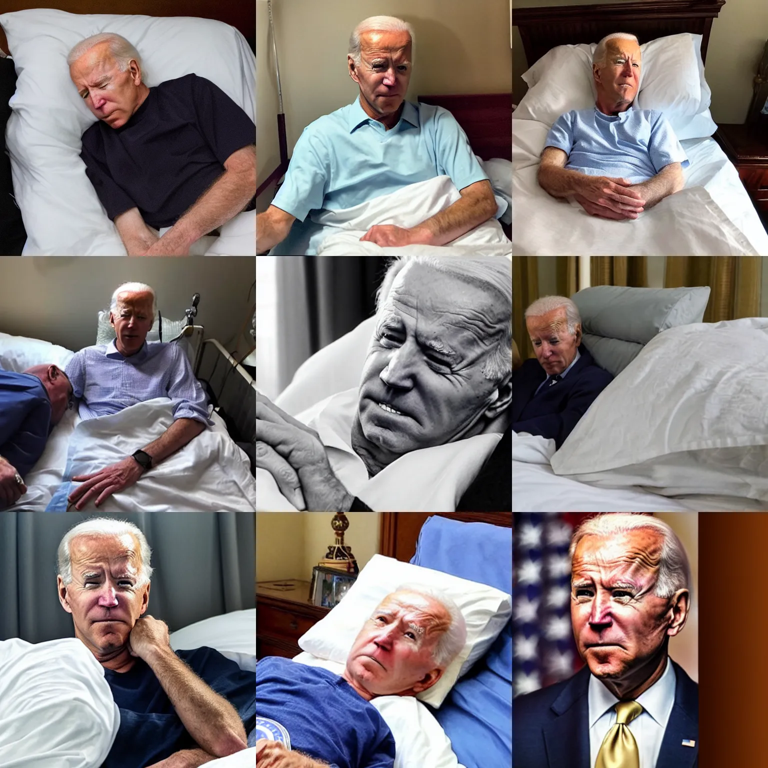 Prompt: photo of sad weak joe biden in hospice bed