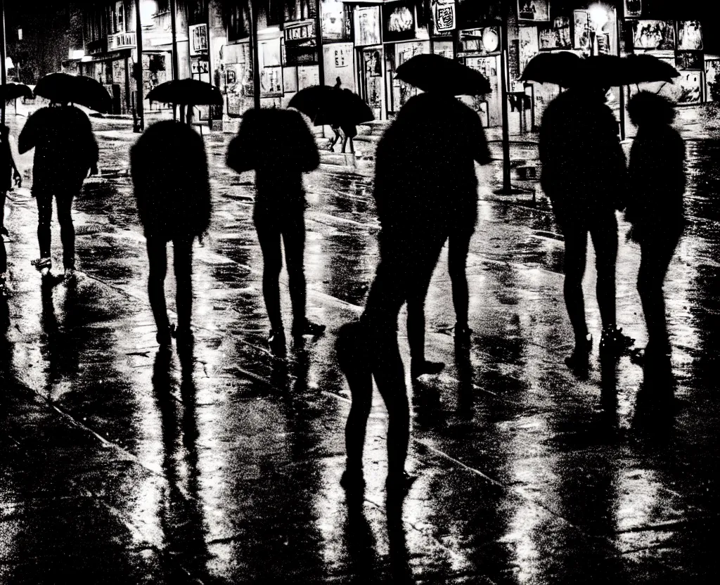 Image similar to night flash photography of punks on the lower east side in the rain!!! by Nick Silva and Margaret Keane, color photography, street photography, photorealistic, nighttime, rain, atmospheric,