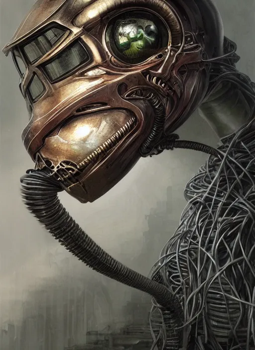 Prompt: close up sci - fi horror machine glowing mf doom reptile eyes fused into massive wires, white skin, elegant, highly detailed, centered, digital painting, concept art, smooth, sharp focus, illustration, artgerm, tomasz alen kopera, peter mohrbacher, donato giancola, joseph christian leyendecker, wlop, frank frazetta