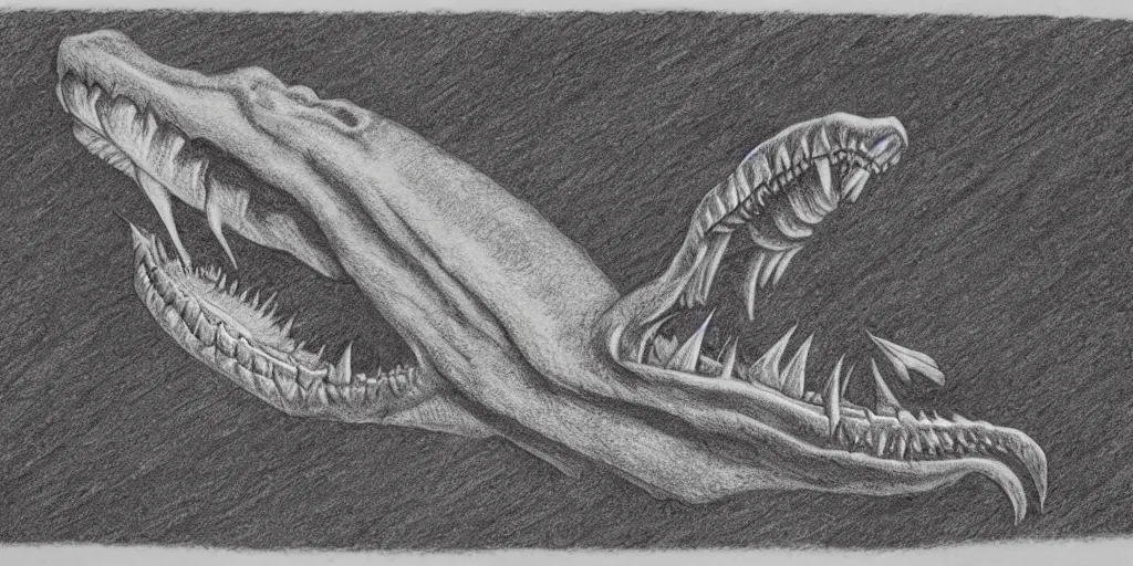 Prompt: a pencil etching of a River monster, long neck, massive teeth, cryptid, modern day