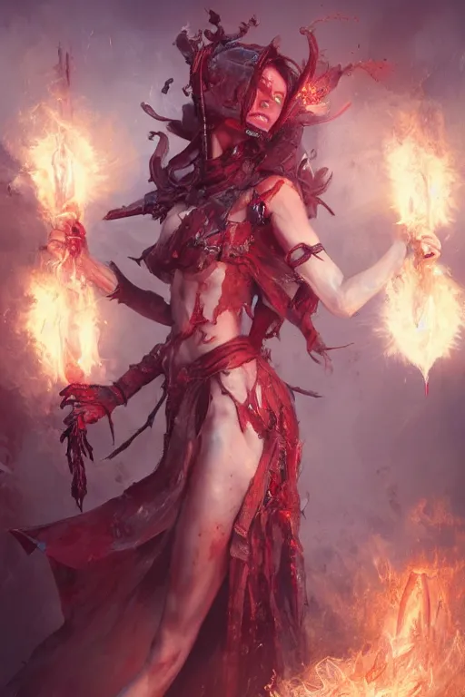 Image similar to beautiful girl necromancer, witch - doctor covered in blood, angels, 3 d render, hyper - realistic detailed portrait, holding fire and electricity, ruan jia, wlop. scifi, fantasy, magic the gathering, hyper detailed, octane render, concept art, peter mohrbacher