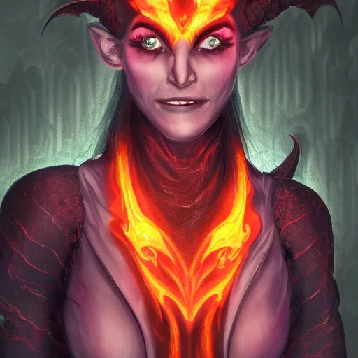 Prompt: A portrait of a tiefling woman made out out translucent fire that looks kind of like a lava lamp. She has curving horns, blank eyes and a cute smile. Her clothes are totally mall goth. 4k