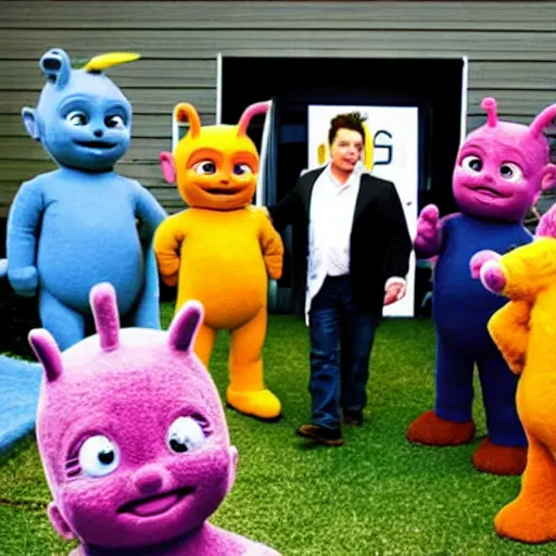 Prompt: elon musk with teletubbies, playing chess