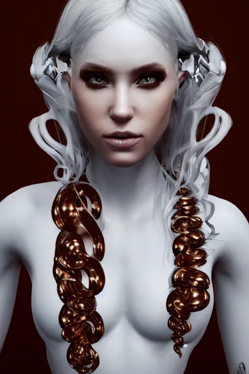 Image similar to white cyborg fashion shot, copper spiral hair decorations, white elegant baroque design, pretty faces, headshot half figure, photorealistic, 8k, hyper detailed, unreal engine, trending on artstation,