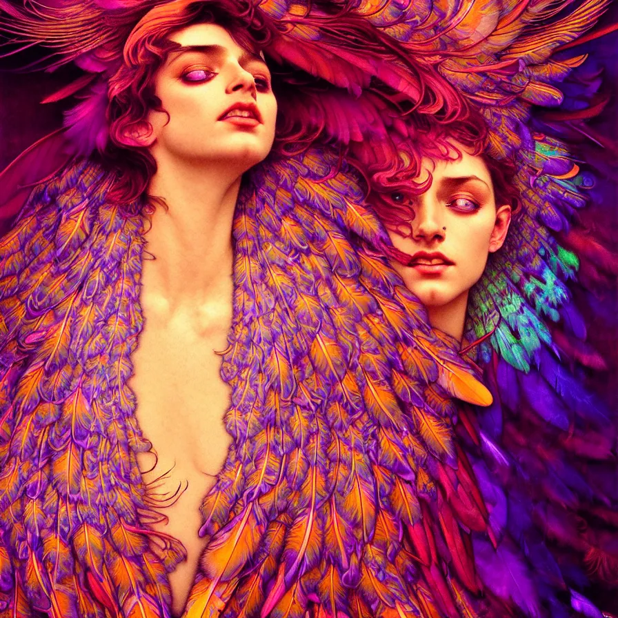 Image similar to face of innocent psychedelic transcendent feather mind bending psychedelic wings of glossy liquid honey flowing like kaleidoscopic translucent holograph, lsd feathers, feathery fluff, enlightenment, high contrast dappled lighting, refracted sunset, highly detailed, concept art, art by collier, albert aublet, krenz cushart, artem demura, alphonse mucha