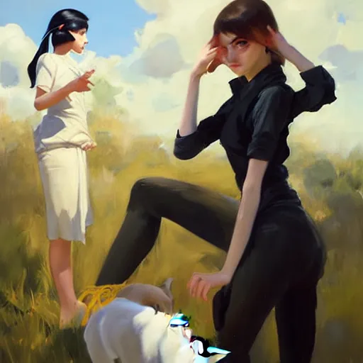 Image similar to greg manchess portrait painting of white pale skinny young girl 1 8 with long black hime haircut as overwatch character, and two cats beside, medium shot, asymmetrical, profile picture, organic painting, sunny day, matte painting, bold shapes, hard edges, street art, trending on artstation, by huang guangjian and gil elvgren and sachin teng