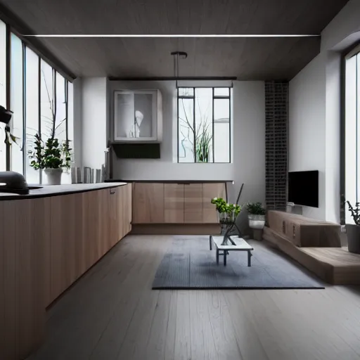 Image similar to Interior studio kitchen and living room, the kitchen turns in a corner with windows on the corner, vray render, interior design