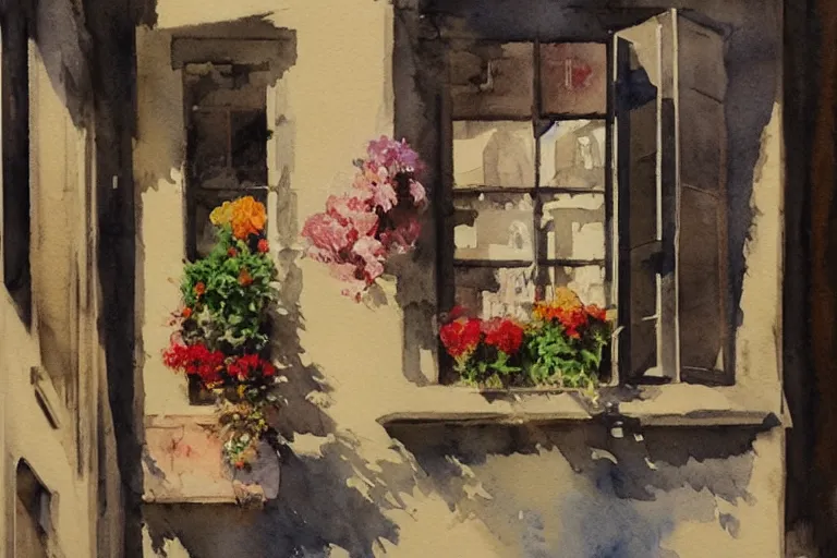 Image similar to abstract watercolor painting of spanish street, flowers in window, summer, magical and traditional, cinematic light, sharp shadows, daylight, national romanticism by anders zorn, by greg rutkowski, by greg manchess