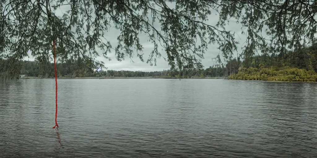 Image similar to an infinitely long colored rope zig - zagging across the surface of the water into the distance, floating submerged rope stretching out towards the center of the lake, a dark lake on an overcast day, atmospheric, color film, trees in the background, hyper - detailed photo, anamorphic lens