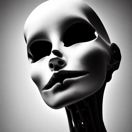 Image similar to black and white dreamy foggy portrait, skeletal biomechanical beautiful young female cyborg priestess - robot bust, body ribs meshes,, volumetric light, rim light, by dora maar and cecile beaton, big gothic fashion pearl embroidered collar, 8 k